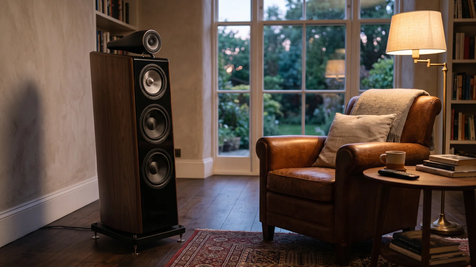 A single high-end floorstanding loudspeaker with a tapered tube-style tweeter housing on top, standing on a wood floor in a warmly lit listening room with an armchair nearby