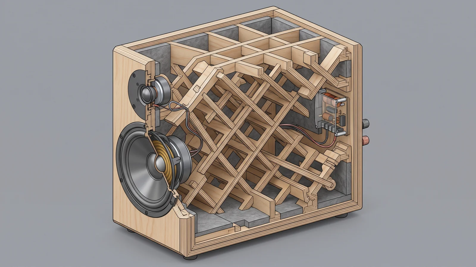 A conceptual cutaway illustration of a loudspeaker cabinet interior showing an interlocking honeycomb lattice of internal bracing panels behind the woofer and tweeter, illustrating how matrix-style bracing stiffens the box against resonance