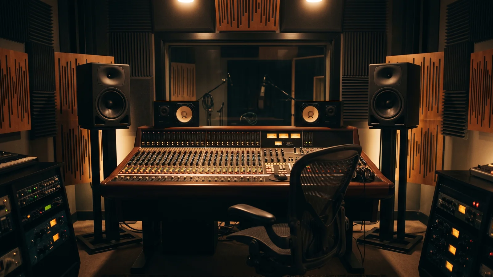 A dimly lit recording studio control room at night with two large reference monitor loudspeakers on stands flanking a big analog mixing console, acoustic-treated walls and an empty producer's chair, evoking the studios that trusted B&amp;W monitors