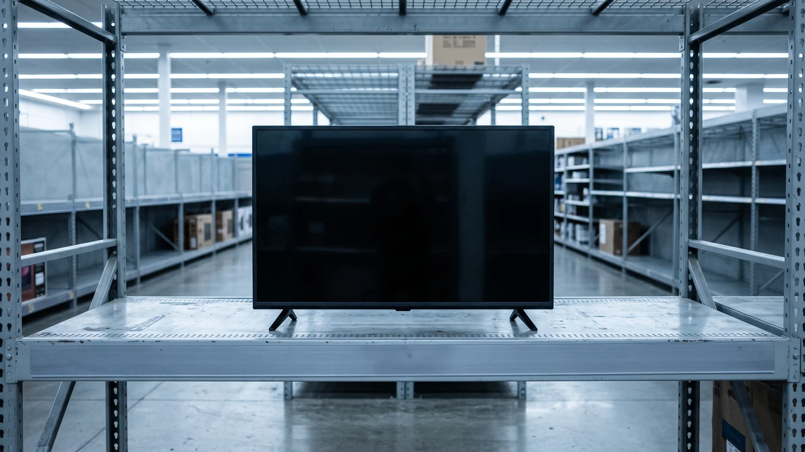 A generic thin budget flat-screen television standing alone on a big-box store shelf under cold blue-white fluorescent lighting, looking anonymous and mass-produced