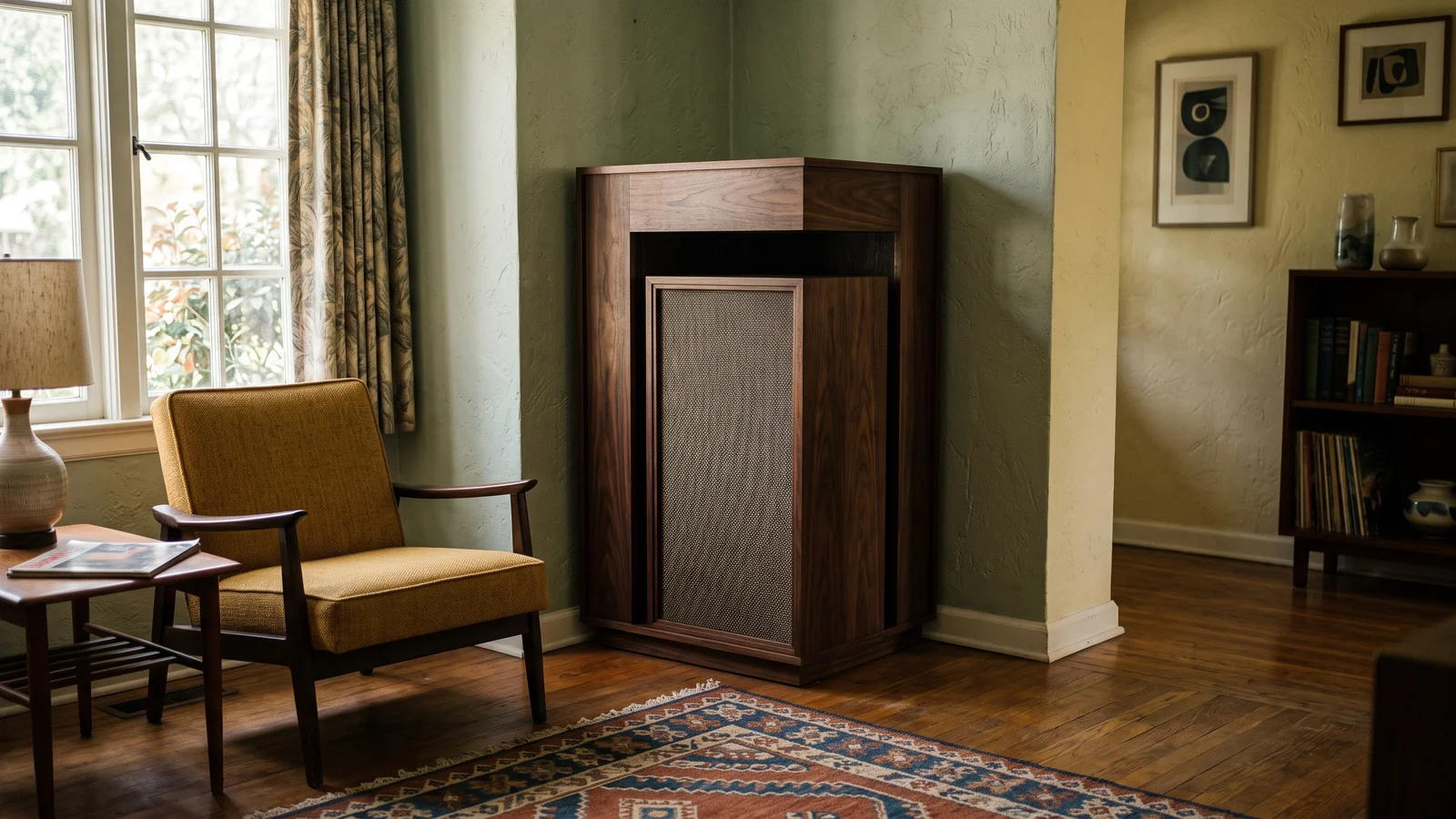 A large corner-loaded folded-horn loudspeaker in walnut veneer tucked into the corner of a 1950s living room, showing how horn efficiency came home