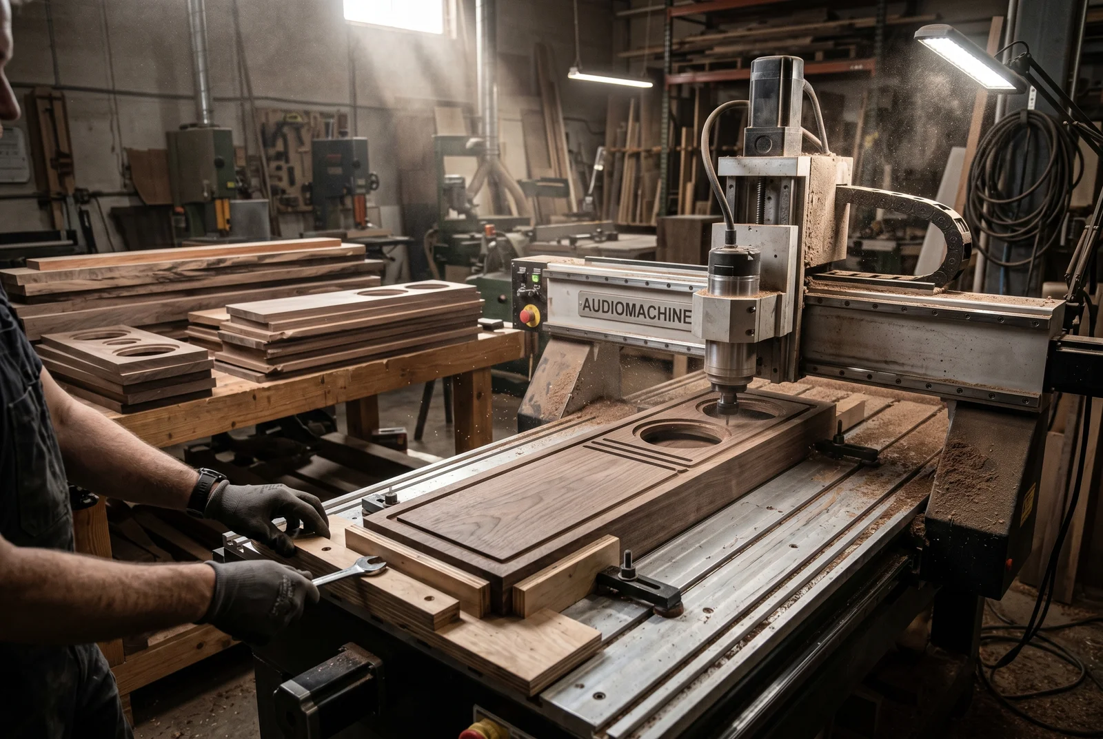 Industrial CNC machining center cutting precision speaker cabinet panels from pr — Custom Home Theater Process Timeline Arizona