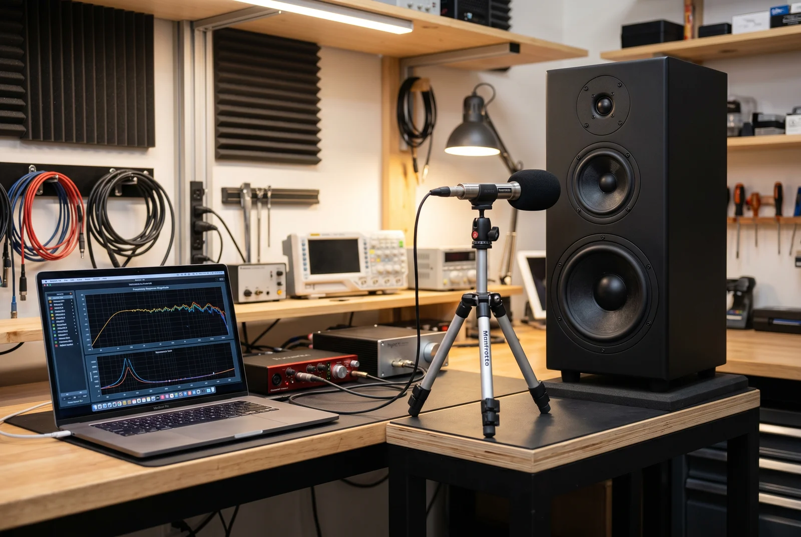 Custom speaker on a measurement test bench in a workshop — Custom Home Theater Process Timeline Arizona