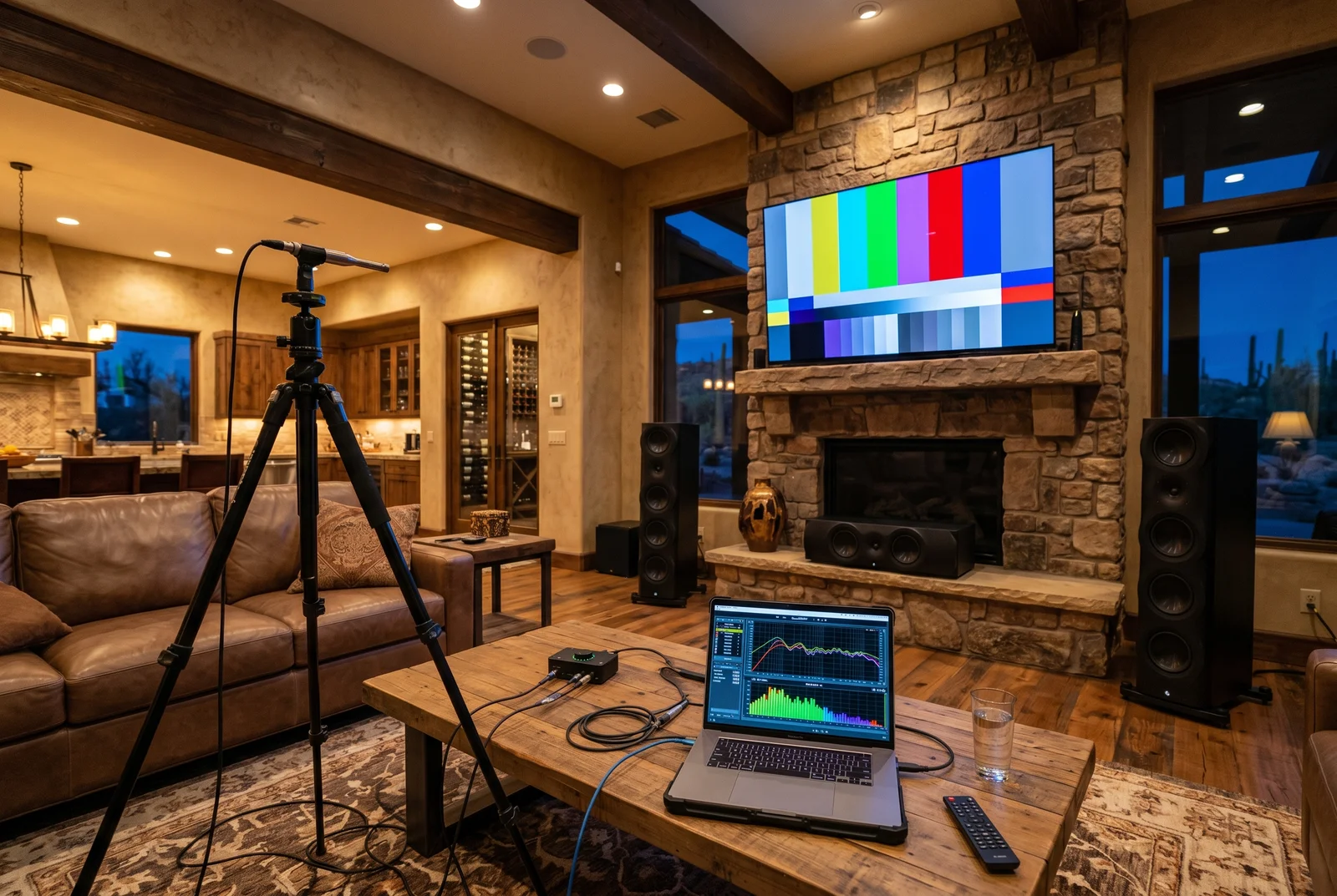 Professional home theater calibration in progress in a luxury Arizona great room — Custom Home Theater Process Timeline Arizona