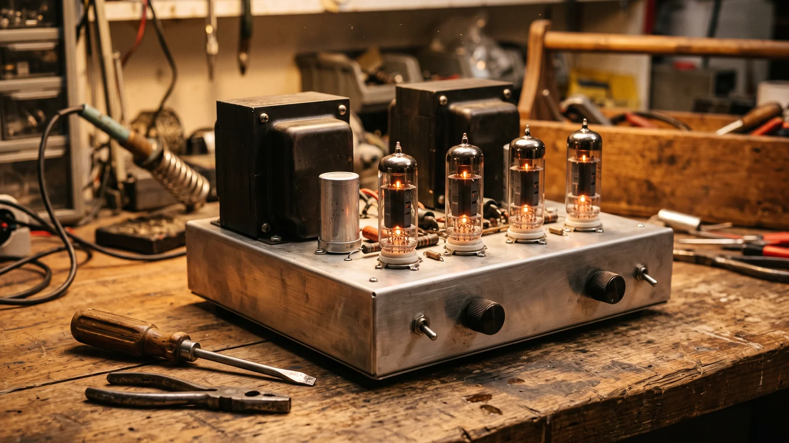 A generic vintage stereo tube power amplifier with two tall output transformers and a quad of glowing vacuum tubes sitting on a wooden workbench under warm light