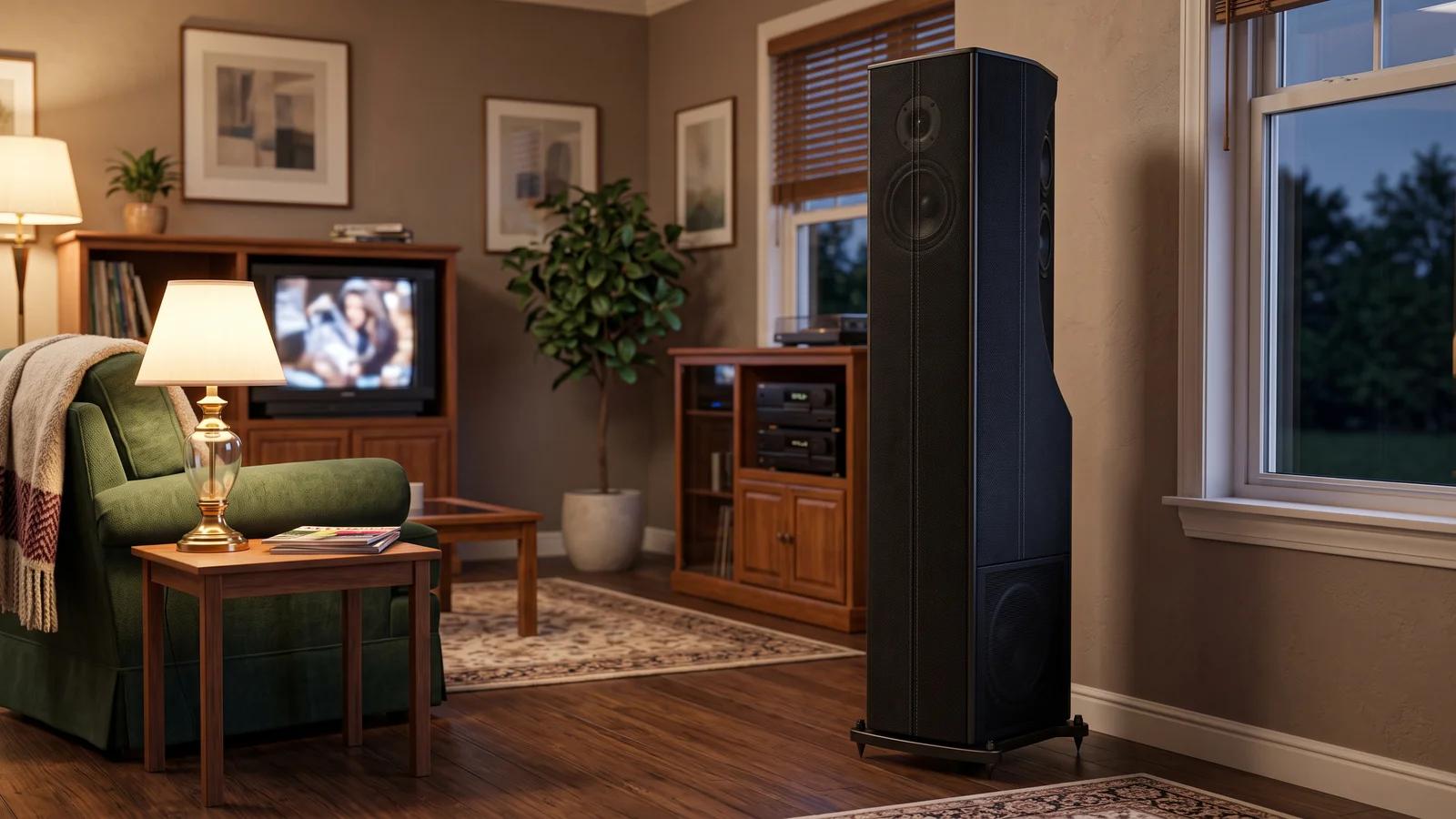 A slim black cloth-wrapped floor-standing bipolar tower loudspeaker with a built-in powered woofer low in the cabinet, placed a couple feet from the wall in a warm 1990s living room
