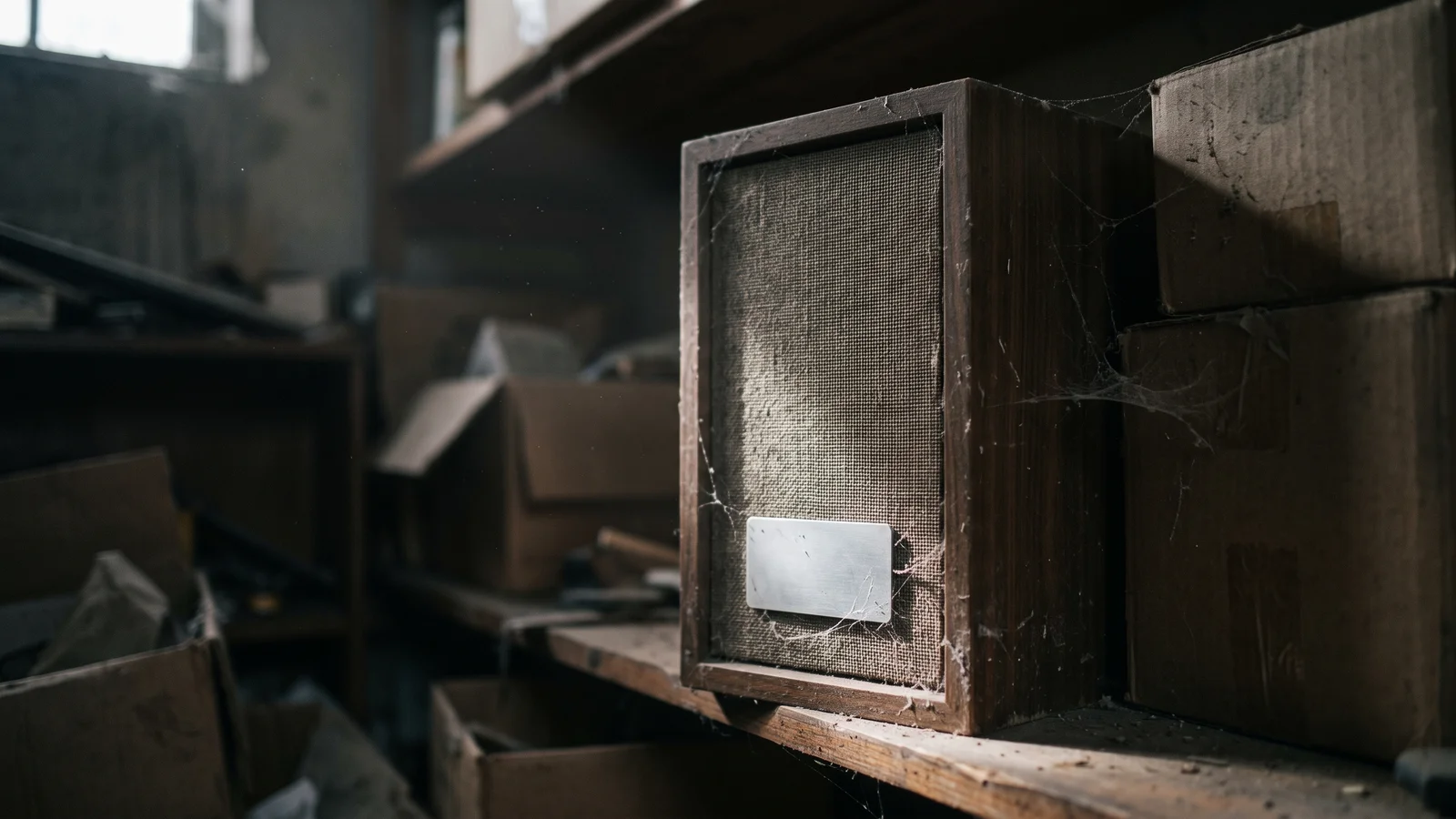 A dusty, discontinued vintage speaker with its brand badge still visible, sitting in storage, symbolizing legacy audio nameplates quietly retired by their corporate owners