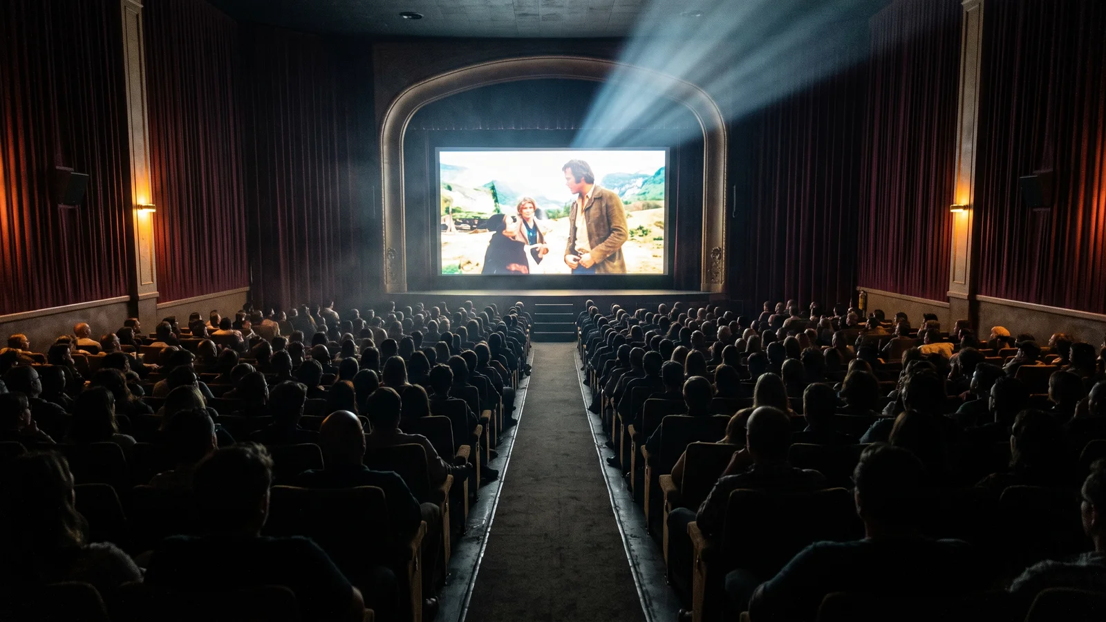 1970s movie theater auditorium with a glowing screen and projector beam, marking the rise of Dolby Stereo in cinemas