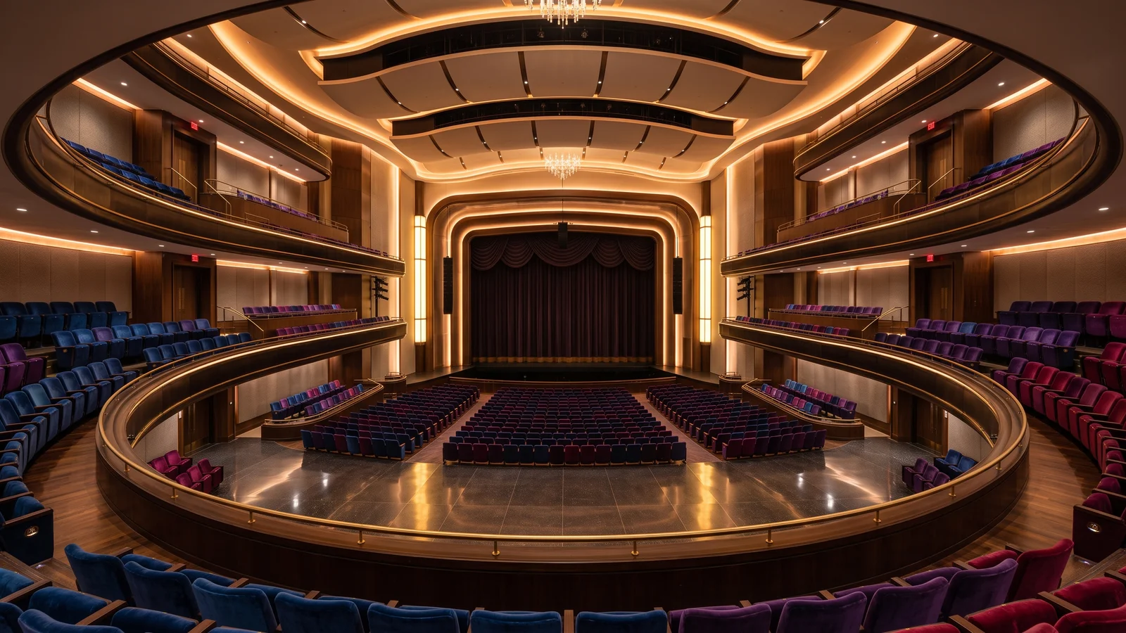 Grand modern theater auditorium with tiered seating and warm lighting, evoking the Dolby Theatre that hosts the Academy Awards
