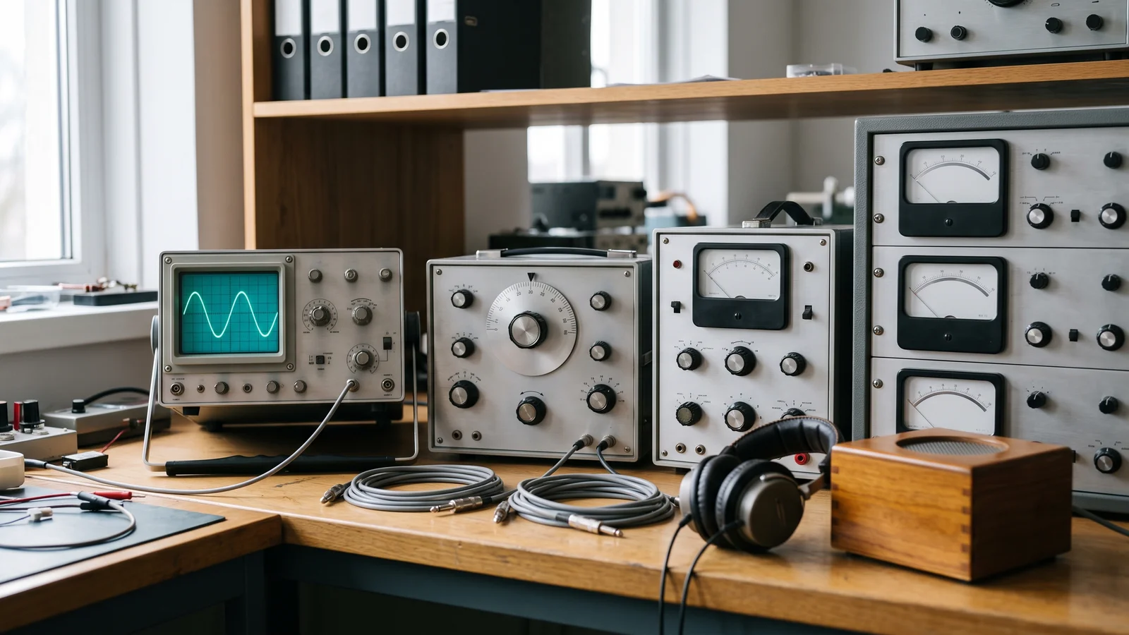 A tidy 1970s independent research lab bench with oscilloscope, signal generator, and audio test gear, evoking Edgar Villchur's hearing-aid research