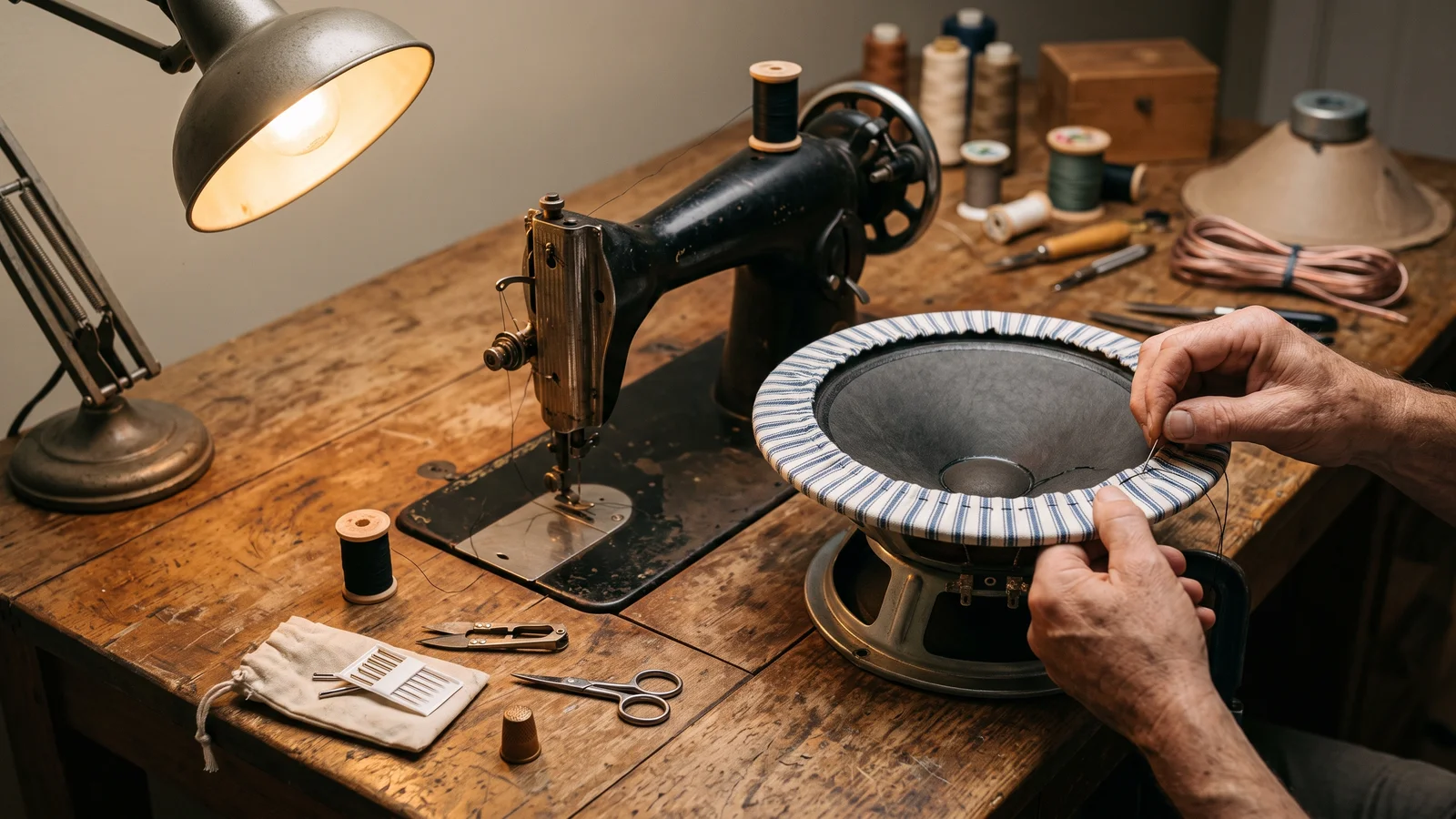 Hands hand-sewing a striped cloth mattress-ticking surround onto a loudspeaker woofer at a 1950s home workbench, with a vintage sewing machine, thread spools, and scissors nearby, evoking how the first acoustic-suspension prototype was built