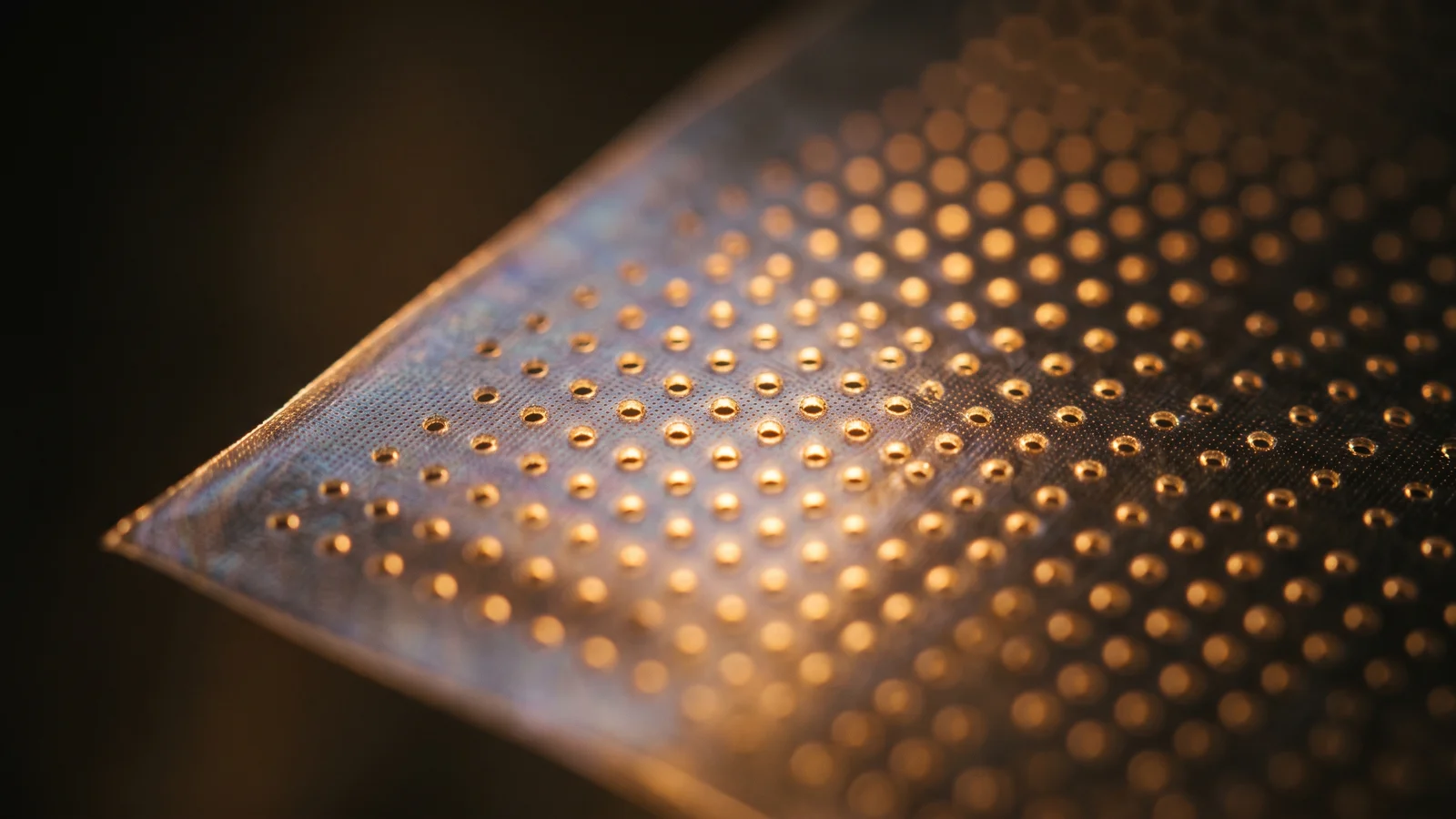 An abstract close-up of a backlit, taut, translucent perforated panel suggesting the ultra-thin charged diaphragm at the heart of an electrostatic loudspeaker