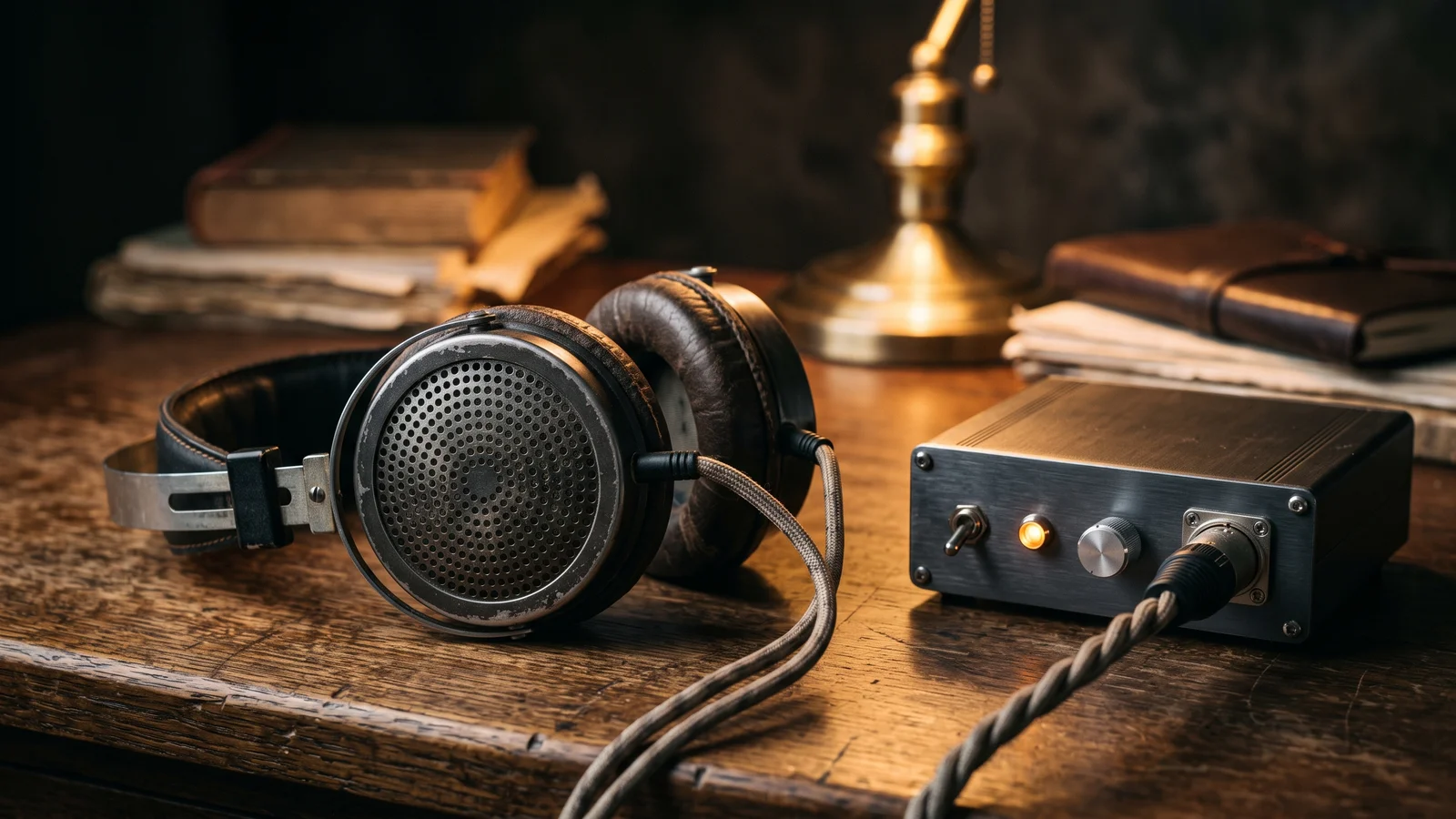 A vintage pair of electrostatic over-ear headphones with a perforated metal earcup resting on a wooden desk beside a small energizer amplifier box