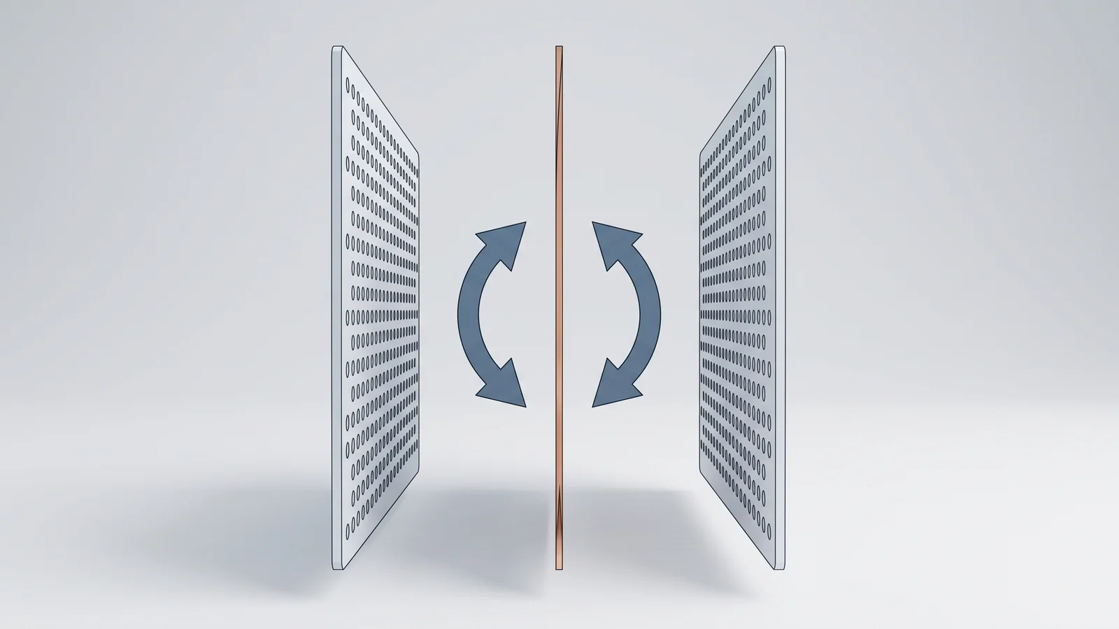 Labeled cutaway concept of an electrostatic loudspeaker showing the charged diaphragm suspended between two perforated stators with field arrows indicating push-pull motion