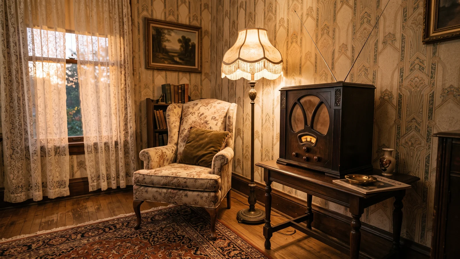 A 1920s parlor with a wooden radio-loudspeaker console cabinet on a side table, evoking the era of the first commercial loudspeaker you could buy