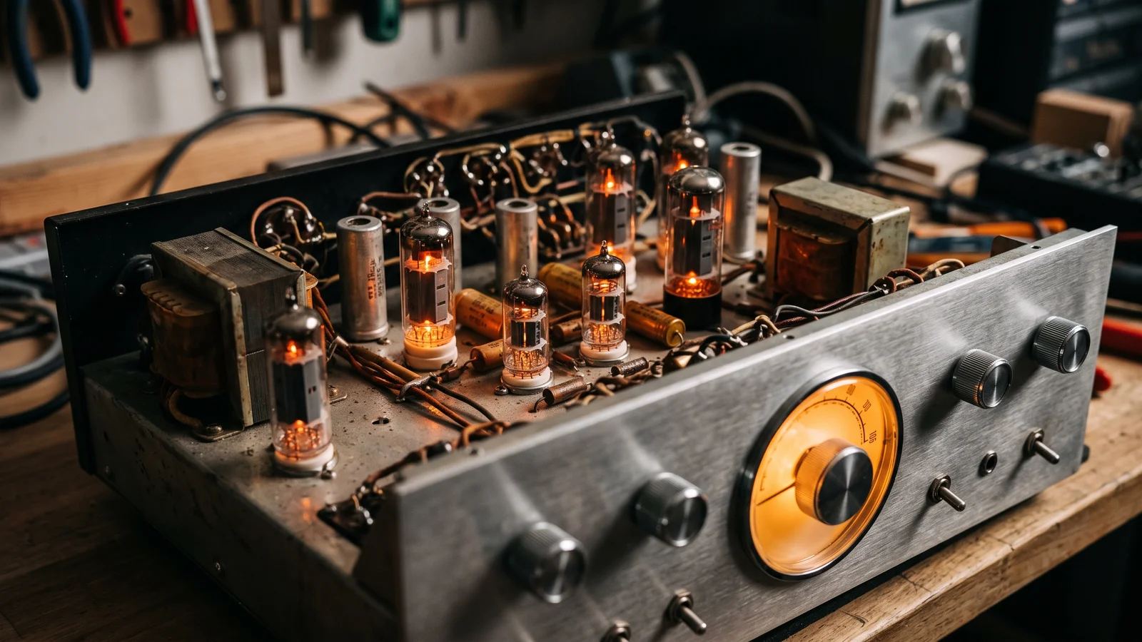 A generic 1950s integrated receiver chassis with exposed vacuum tubes and a large round tuning dial, representing the first hi-fi receiver concept