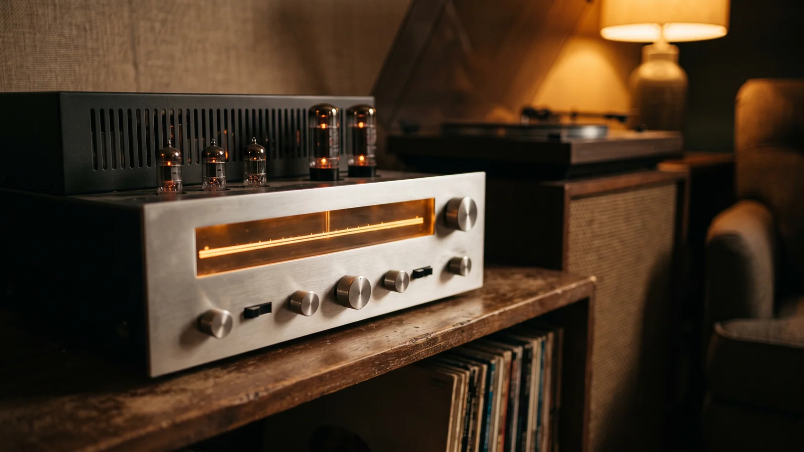 A vintage late-1950s tube receiver with a wide brushed-metal faceplate, a glowing dial, and vacuum tubes visible through the top vents, sitting on a walnut shelf in a dim listening room