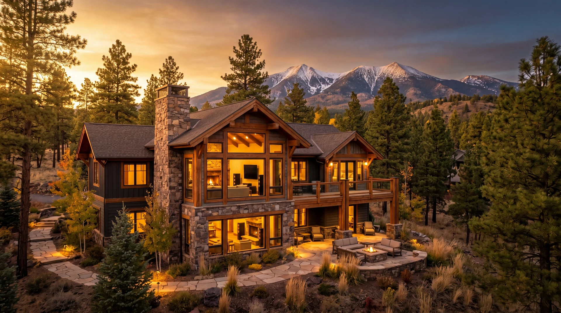 Luxury Forest Highlands Flagstaff Arizona timber-frame mountain home at golden hour with snow-capped San Francisco Peaks behind, warm interior light glowing through picture windows
