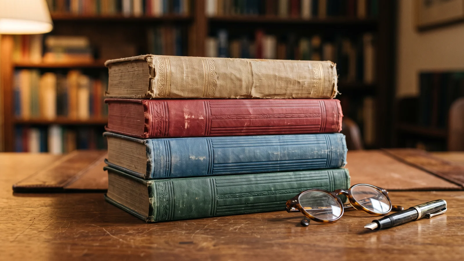 A stack of well-worn mid-century hardcover technical books on a wooden desk with reading glasses and a fountain pen beside them, evoking Gilbert Briggs's plain-English books on sound reproduction