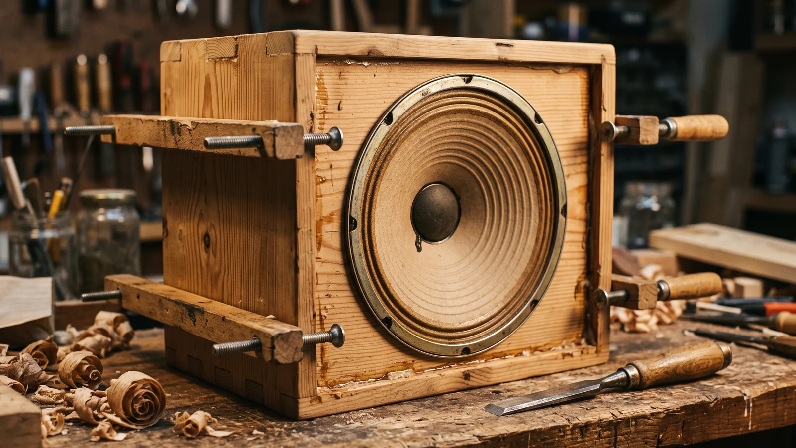 Close-up of a hand-built 1930s wooden loudspeaker cabinet on a workbench with a paper-cone driver being fitted, wood clamps and a chisel nearby, warm low light
