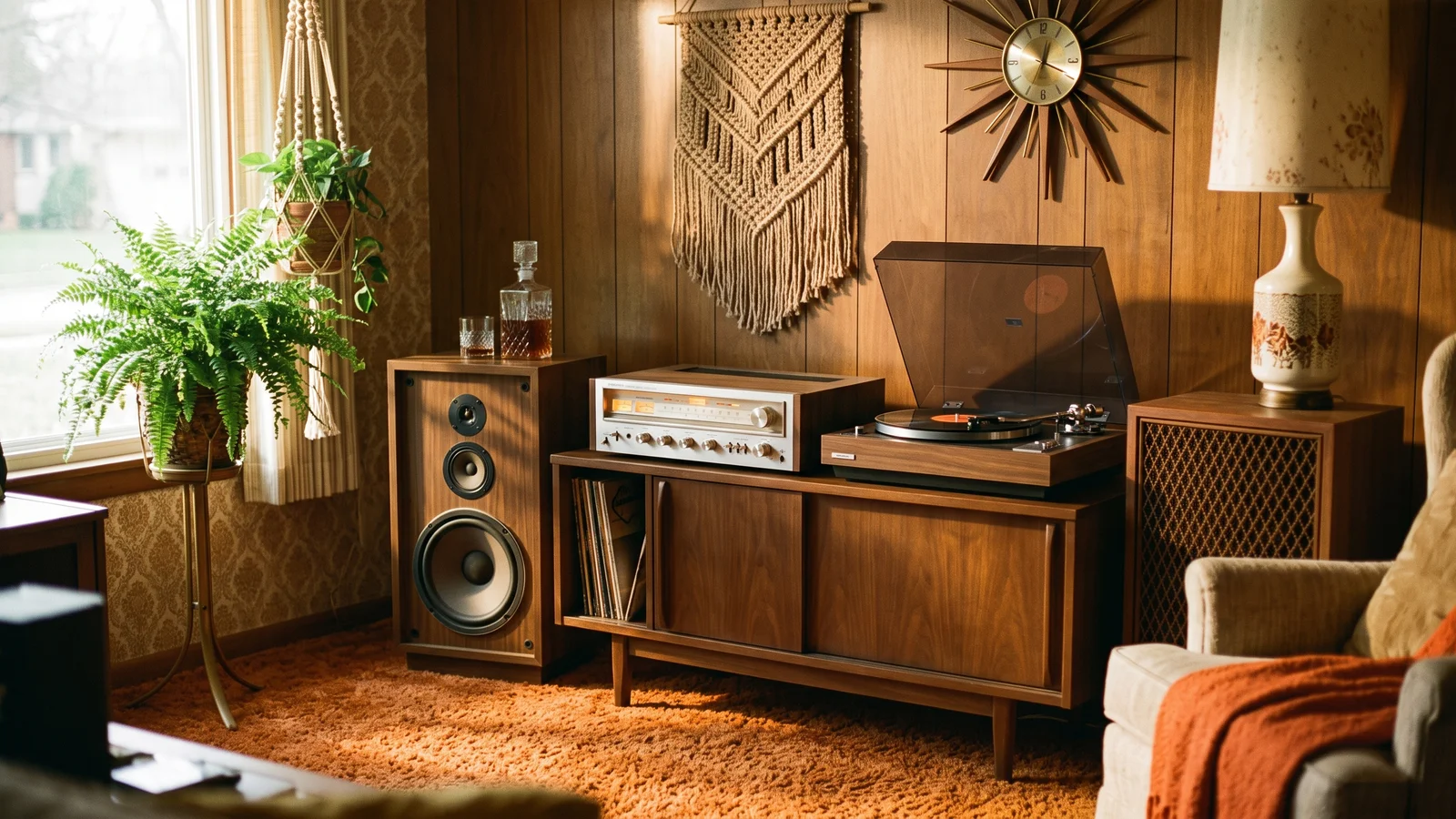 A 1970s American living room hi-fi system with a silver-faced receiver, turntable, and large wooden bookshelf speakers from the golden age of audio