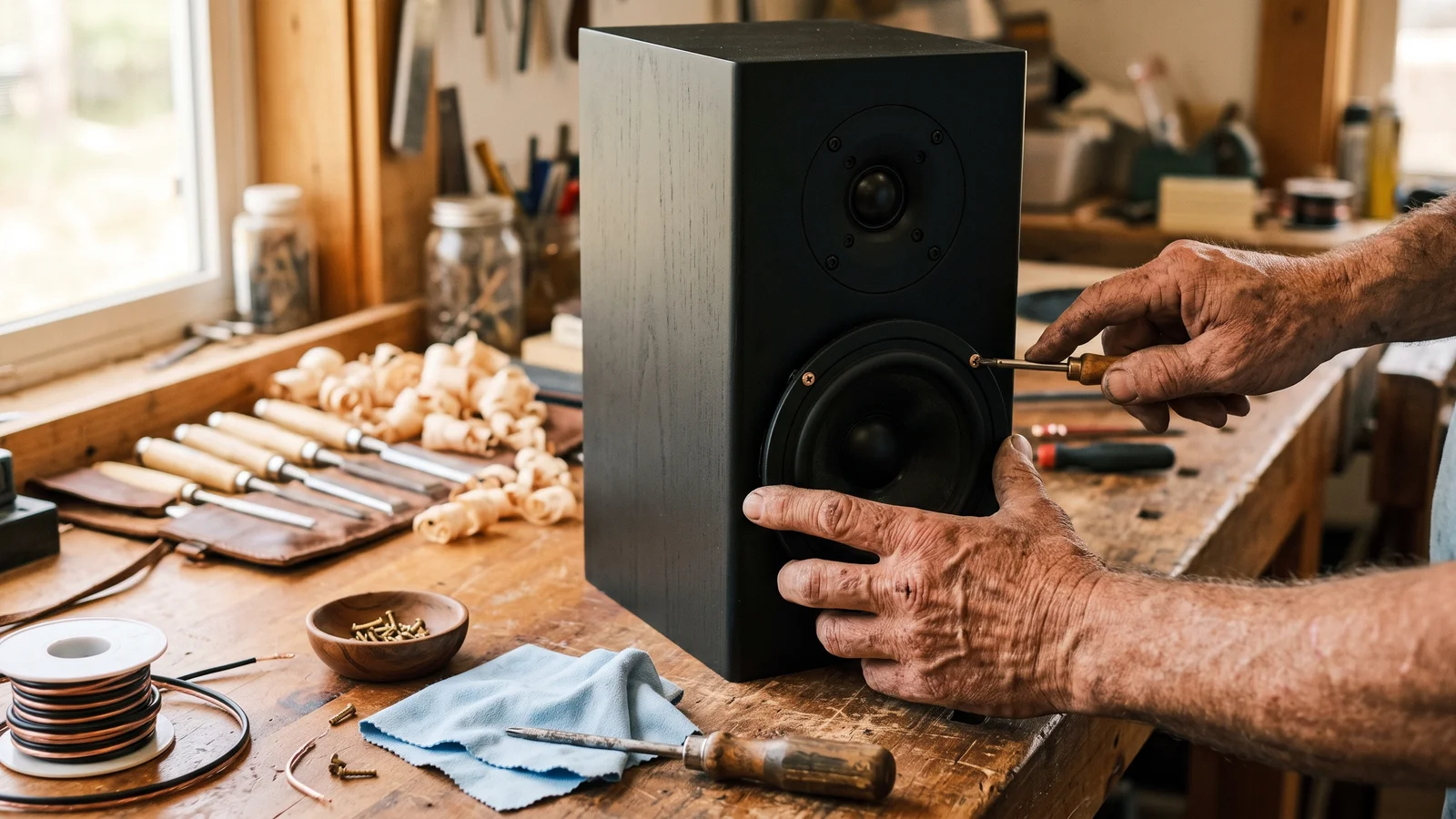 A craftsman hand-assembling a matte-black tower loudspeaker on a workbench in a small American workshop, representing hand-built Made-in-USA audio as the antidote to offshored mass production