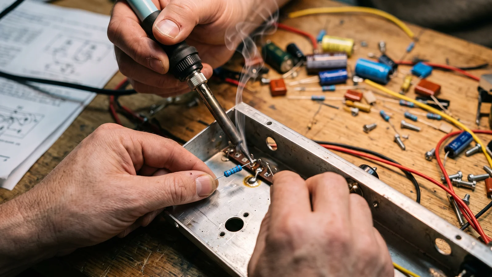 Close-up of two hands soldering a component onto a metal amplifier chassis kit, with a printed instruction sheet and loose electronic parts on the workbench