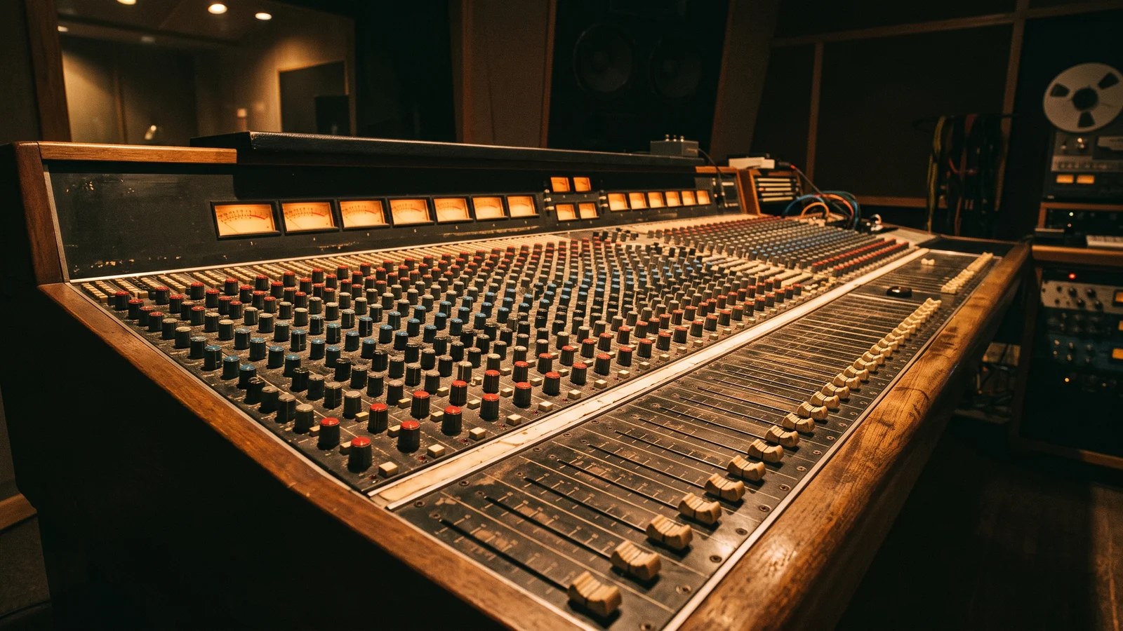 A vintage analog recording-studio mixing console with rows of faders and glowing VU meters in a dim control room, representing the professional-audio brands in Harman's empire