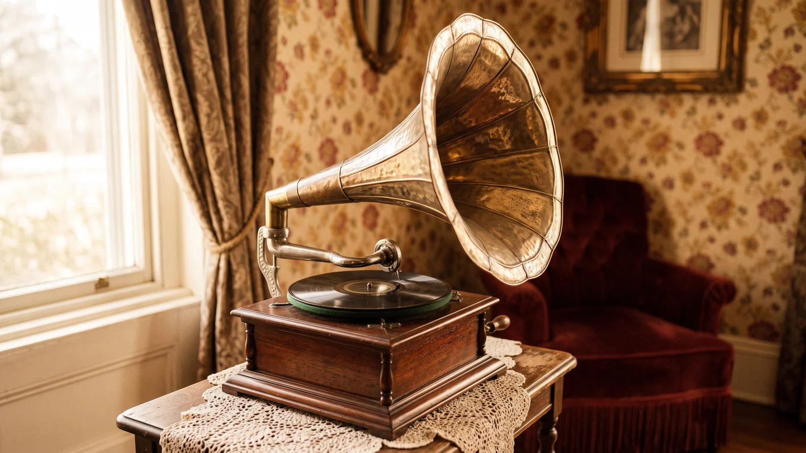 An early brass-horn disc gramophone playing a shellac record in a warmly lit parlor, representing the birth of the home record industry