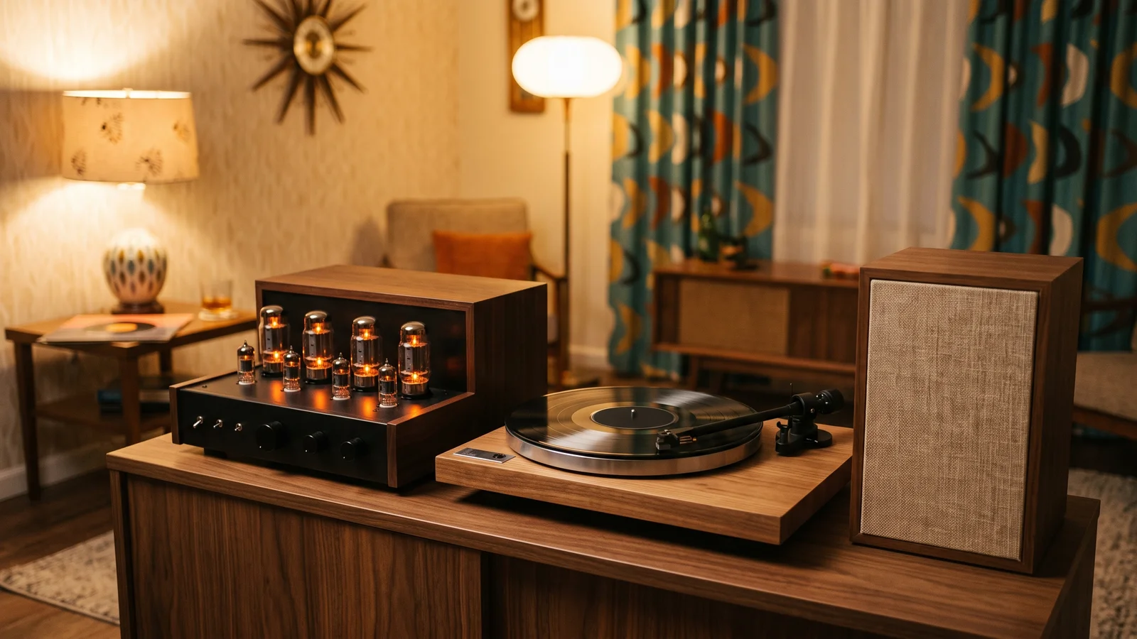 A 1950s living room with a glowing tube amplifier, a turntable, and a compact acoustic-suspension bookshelf speaker, capturing the postwar hi-fi boom