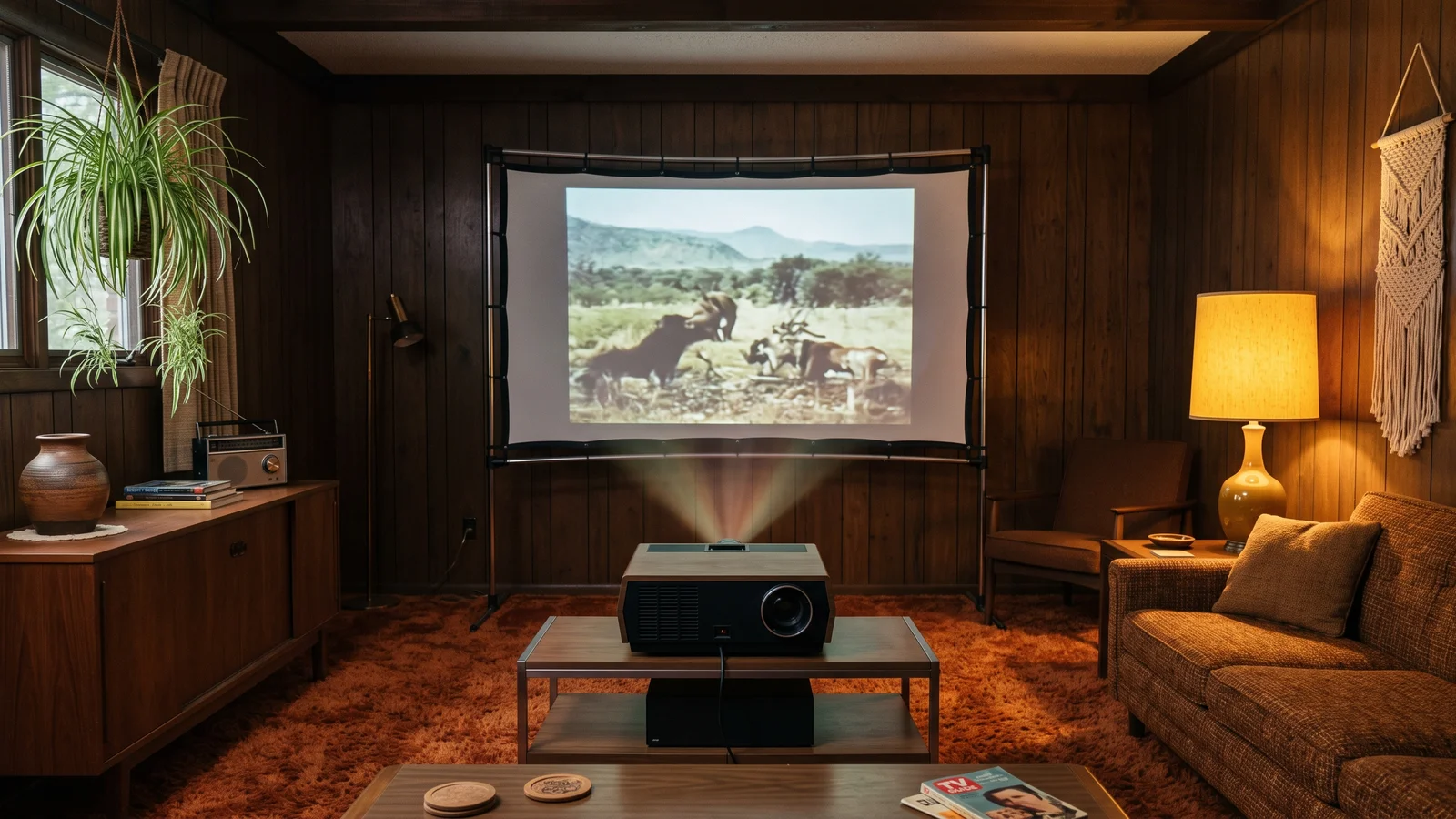 A 1970s curved front-projection television with a large screen in a dark wood-paneled den, evoking the Advent VideoBeam 1000
