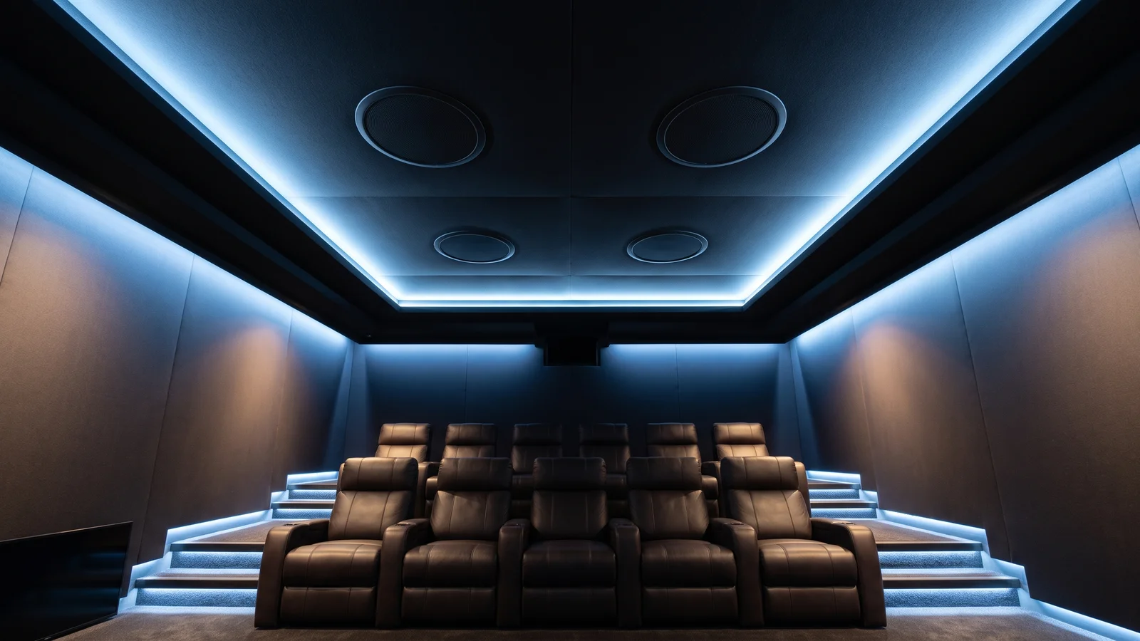 A modern dedicated home theater room with tiered seating, a large screen, on-wall speakers, and a small number of ceiling speakers for Dolby Atmos