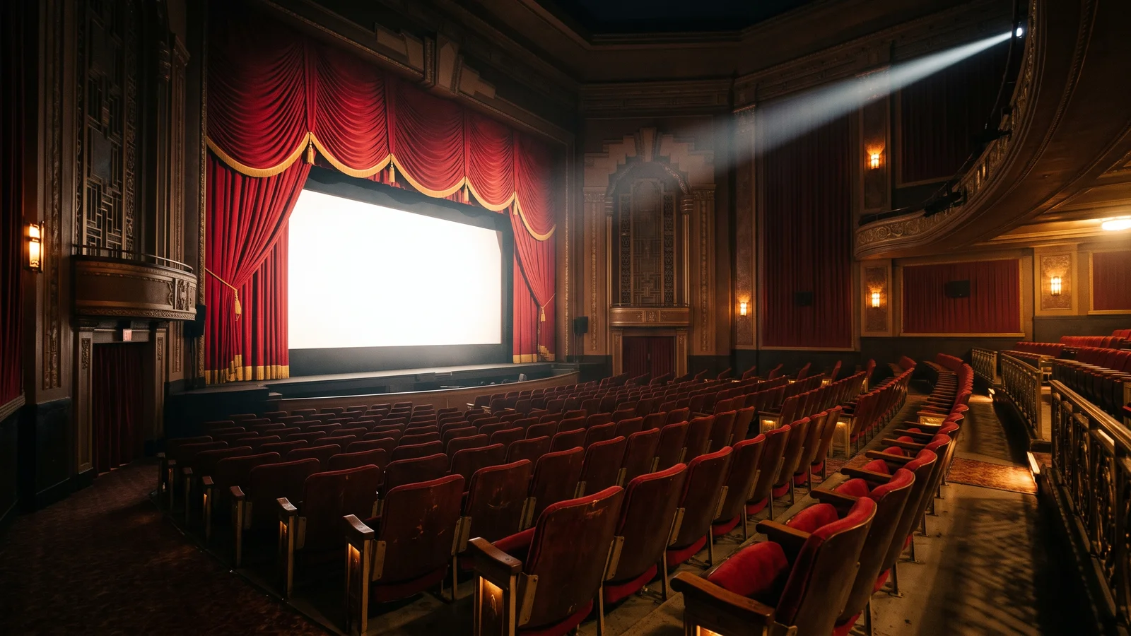 A darkened 1980s cinema auditorium with a large glowing screen and acoustically treated walls, representing the THX reference standard