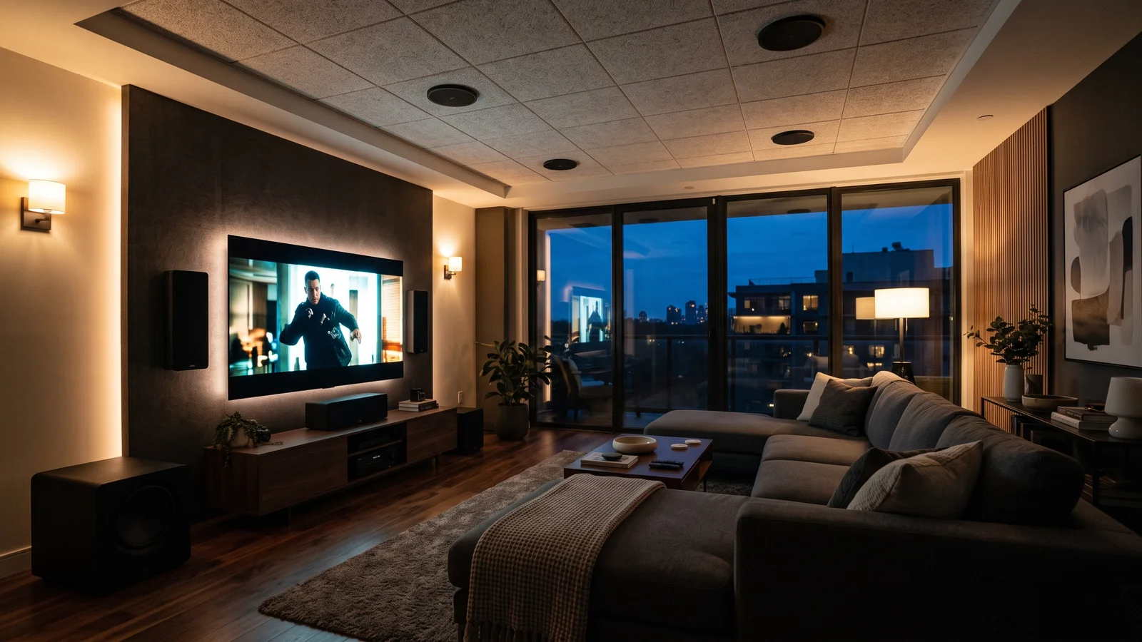 A modern upscale living-room home theater at dusk with on-wall front speakers flanking a large screen, four discreet in-ceiling height speakers overhead, and a single floor-standing subwoofer