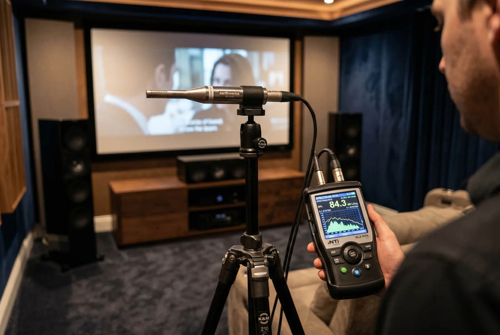 Close-up of professional audio measurement setup showing calibrated measurement  — Home Theater Calibration Paradise Valley AZ