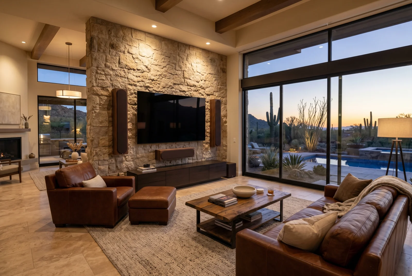 Elegant Paradise Valley living room with pair of custom on-wall tower speakers f — Home Theater Calibration Paradise Valley AZ
