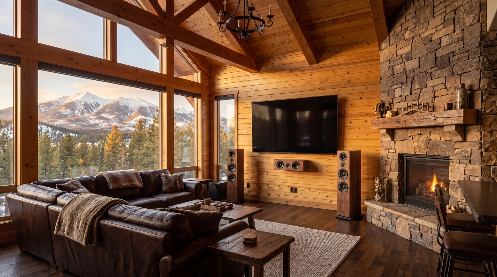 Luxury Flagstaff mountain home theater system with on-wall tower speakers and ponderosa pine ceiling