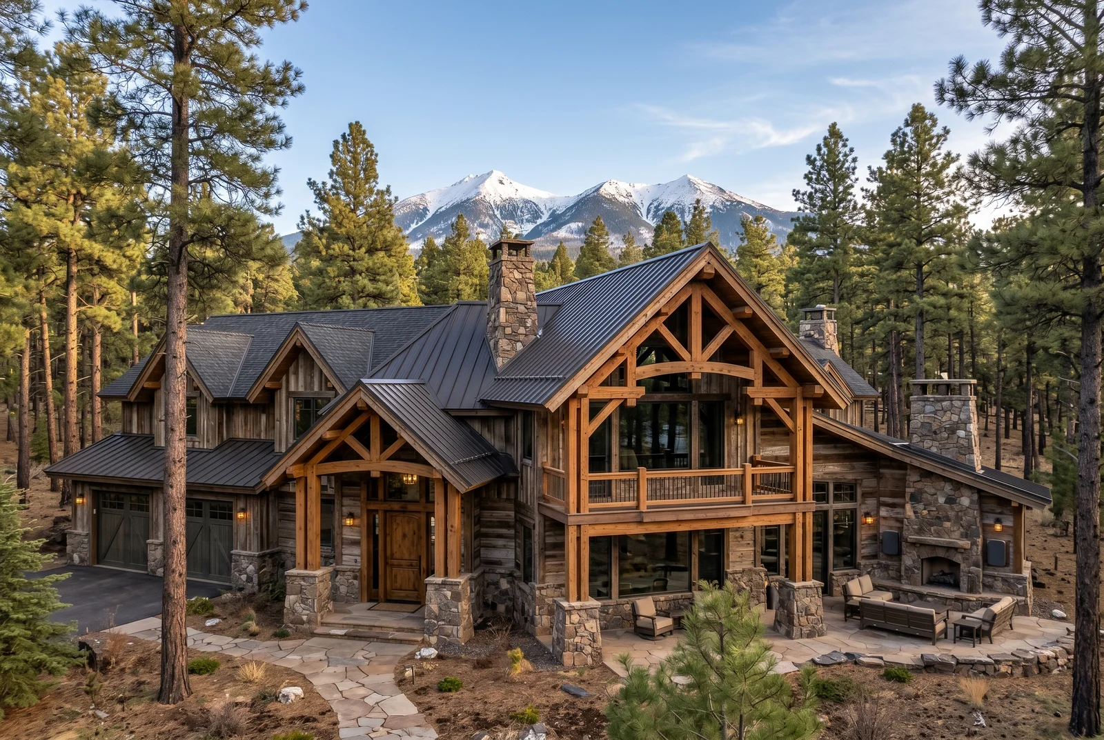 Exterior of luxury ponderosa pine timber-frame home in Forest Highlands Flagstaff Arizona with snow-capped San Francisco Peaks in background