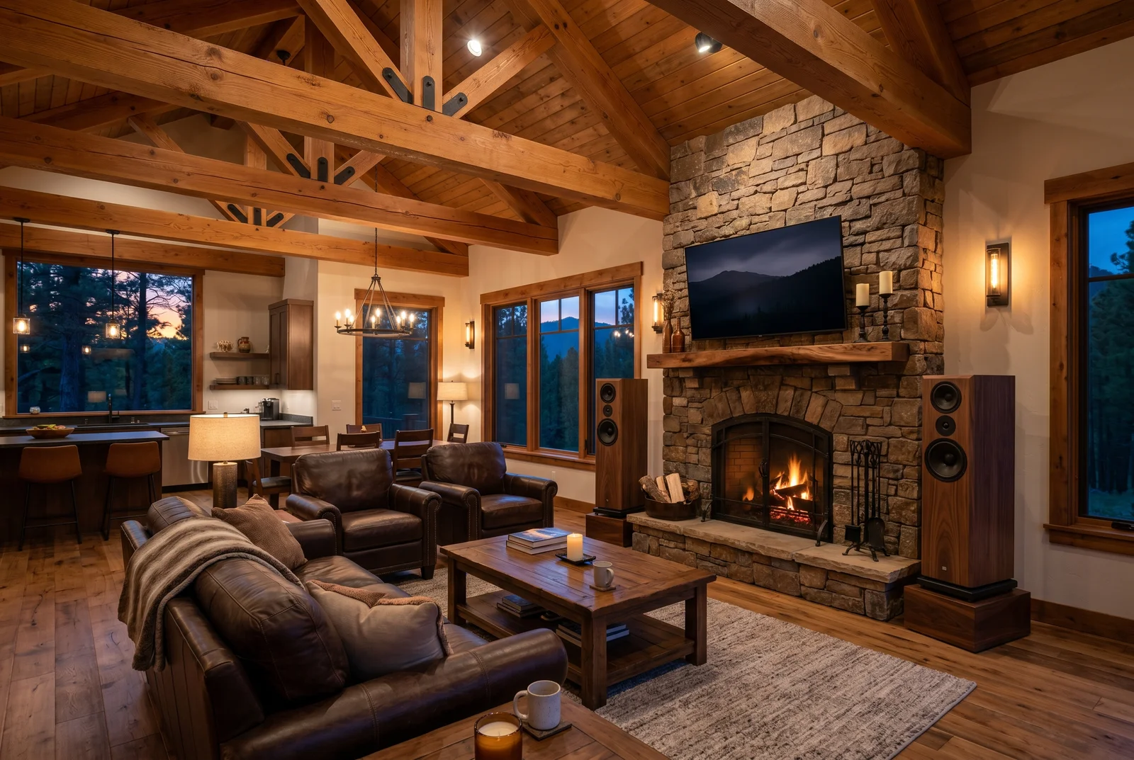 Pair of custom hand-built hardwood tower speakers in luxury Flagstaff great room with exposed ponderosa pine beams and stacked stone fireplace