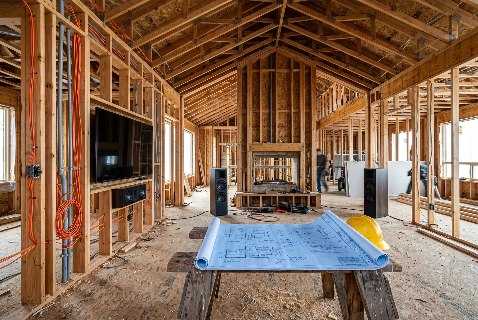 Interior of a luxury home during framing phase showing exposed wooden wall studs — Home Theater Paradise Valley New Construction