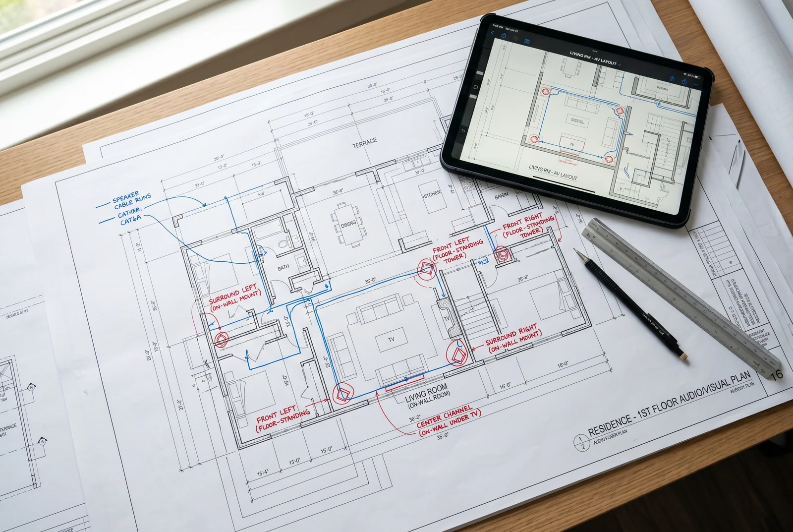 Overhead view of architectural blueprints spread across a drafting table with a  — Home Theater Paradise Valley New Construction
