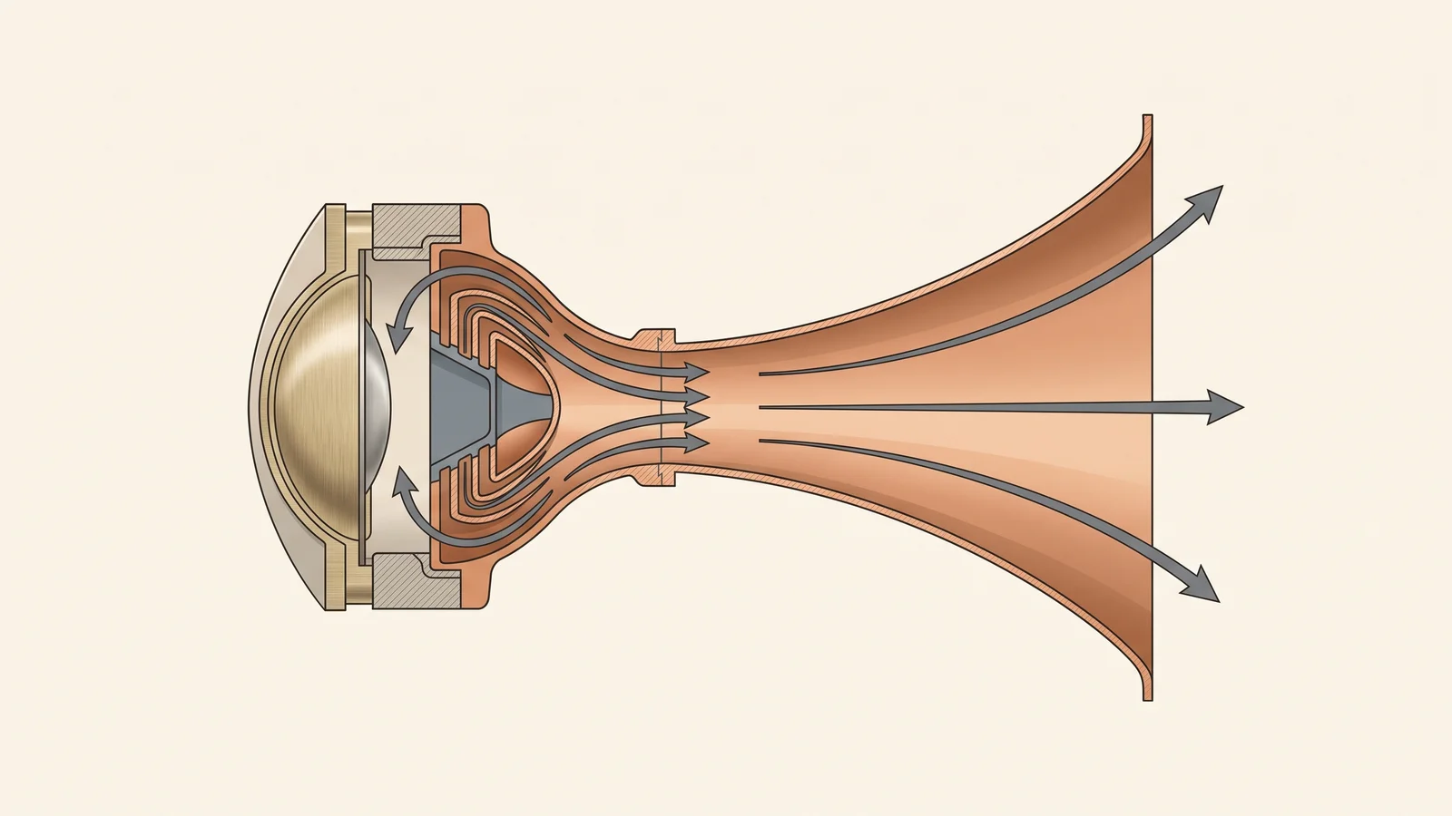 Cutaway diagram of a compression driver feeding a horn, showing the diaphragm, compression chamber, phase plug, and flaring horn with impedance-matching arrows