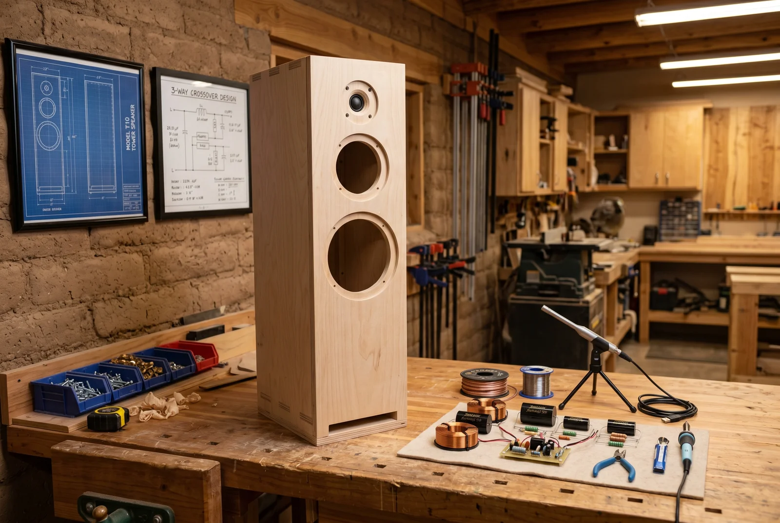 Speaker cabinet under construction on a clean workbench in an Arizona high deser — How To Choose Home Theater Installer Arizona