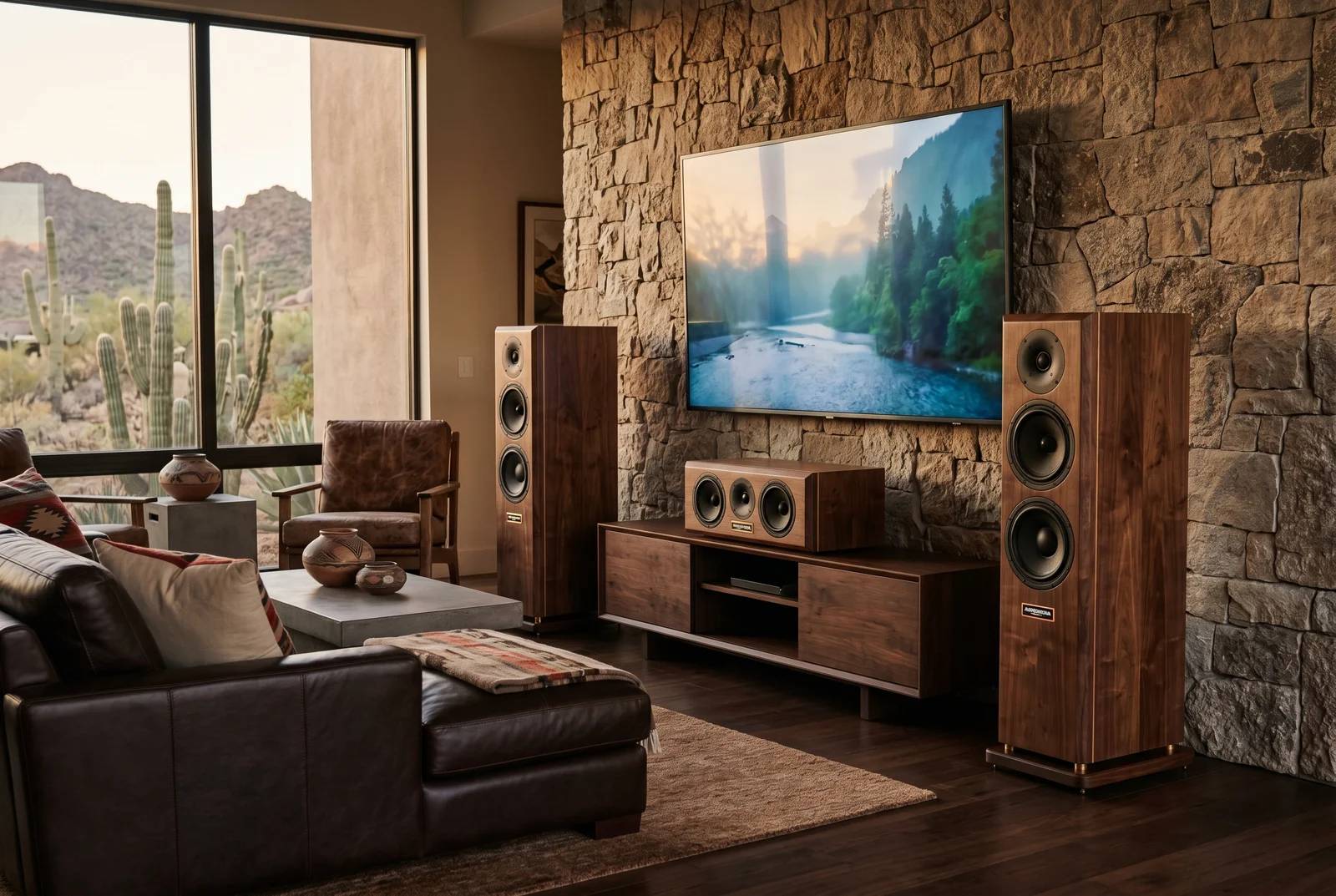 Pair of custom hand-built hardwood floor-standing tower speakers in cherry or walnut finish, positioned in a luxury Arizona living room flan