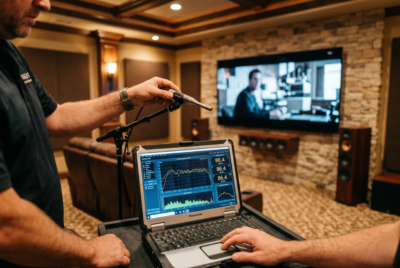 Close-up overhead view of an installer's hands holding a calibrated measurement  — How To Choose Home Theater Installer Arizona
