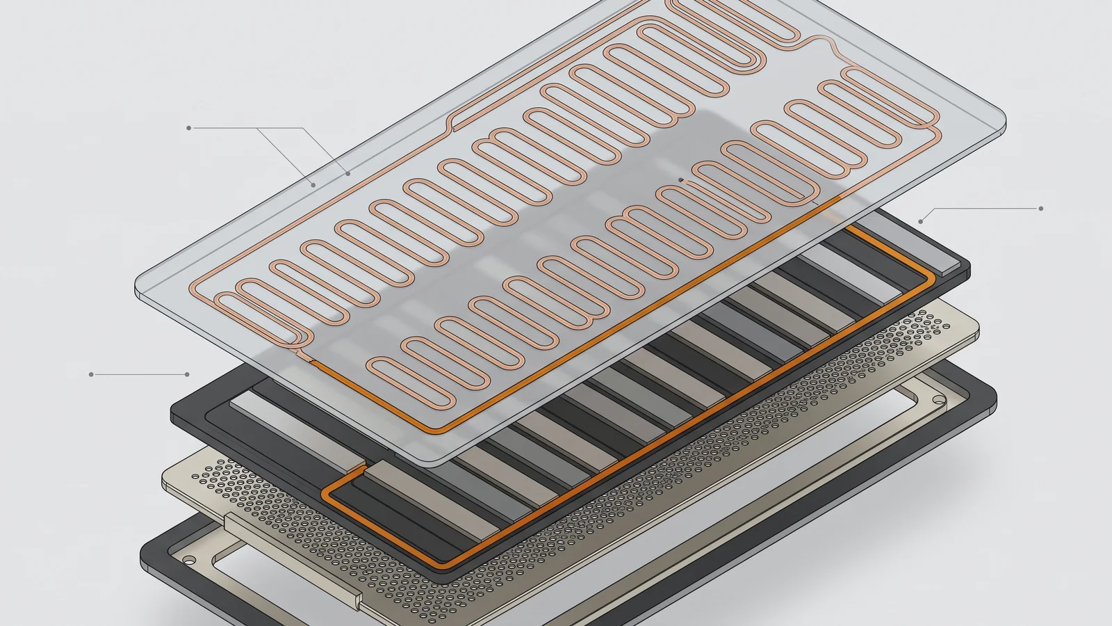 A conceptual cutaway illustration of a thin planar quasi-ribbon loudspeaker driver, showing the flat diaphragm, printed conductor traces, and rare-earth magnet bars behind it