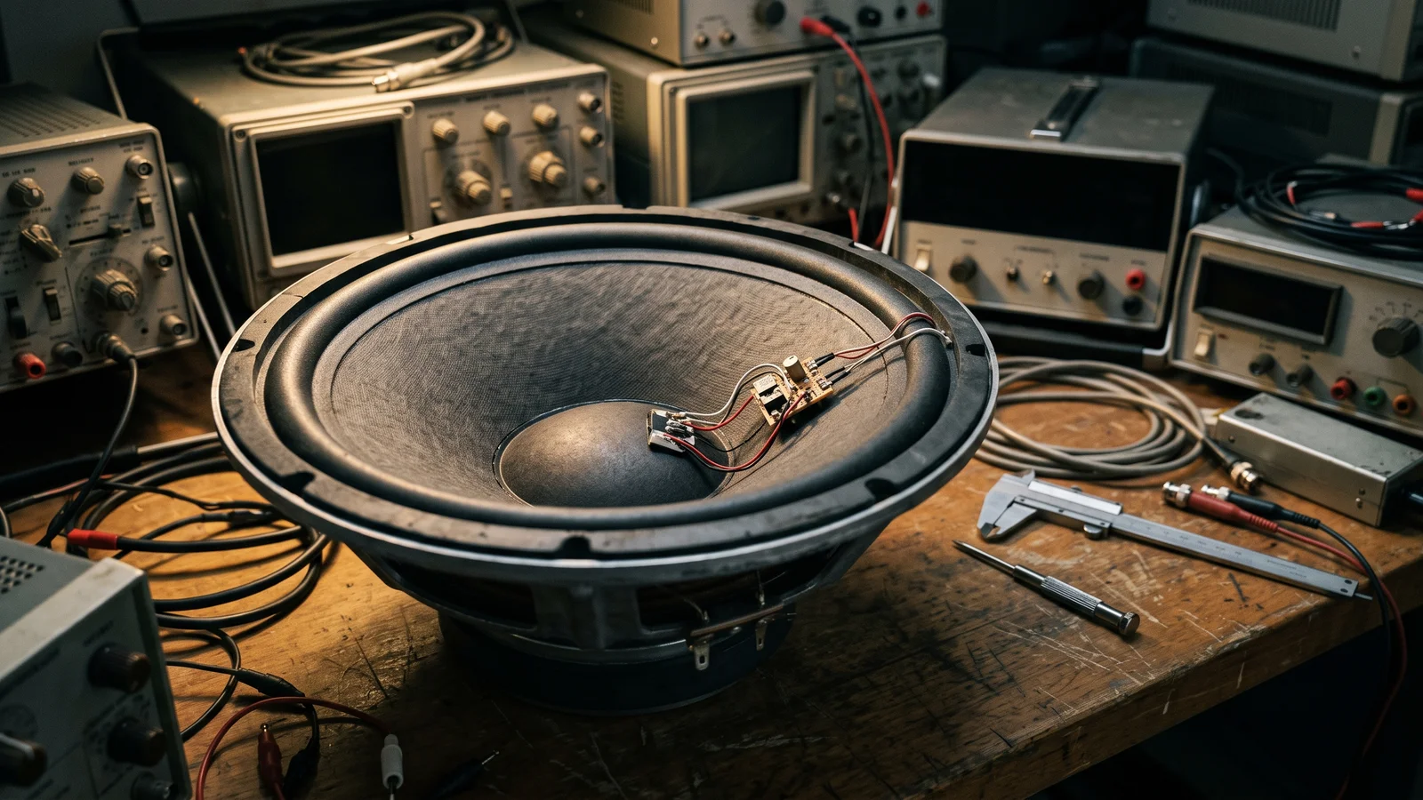 A large 18-inch loudspeaker woofer on an engineering workbench with a small servo-feedback sensor wired to its cone, surrounded by vintage lab test equipment, calipers and cables, illustrating servo-controlled bass borrowed from guidance engineering