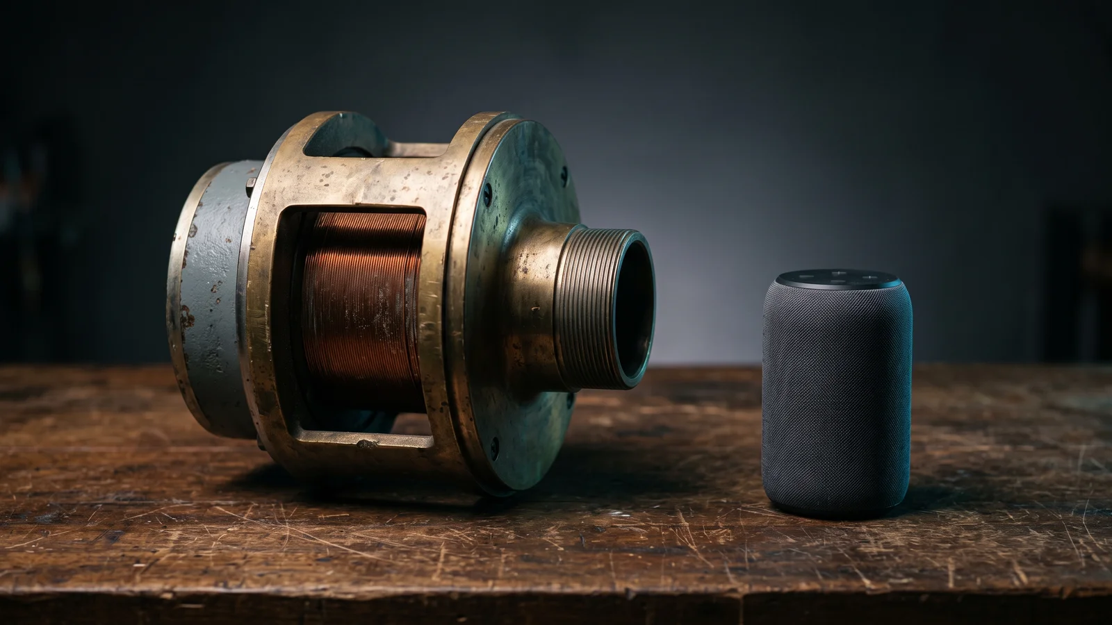 A large hand-wound compression driver beside a tiny modern portable Bluetooth speaker, showing the contrast in loudspeaker eras