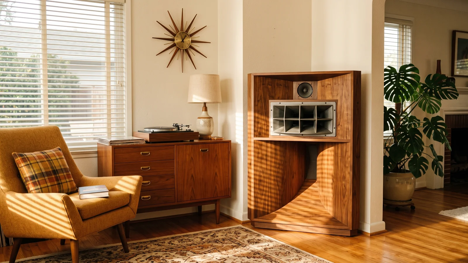 A classic 1950s three-way corner horn loudspeaker in a mid-century modern living room