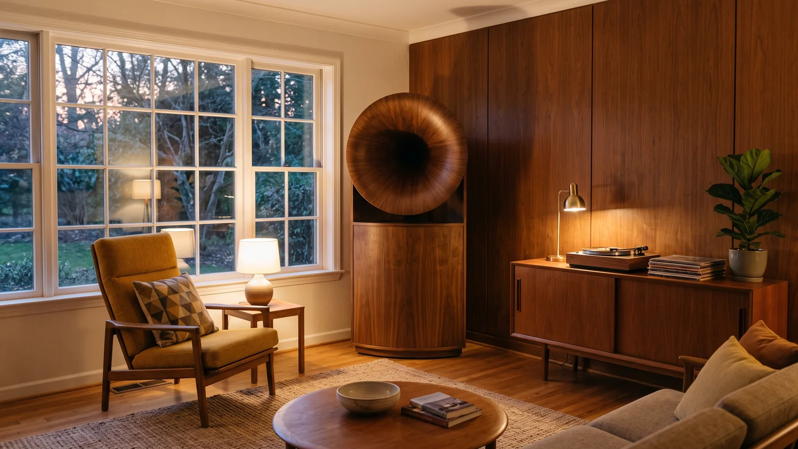 A large horn-loaded corner loudspeaker in a warm mid-century modern living room with wood paneling and a lounge chair, evoking JBL's Paragon and Hartsfield era